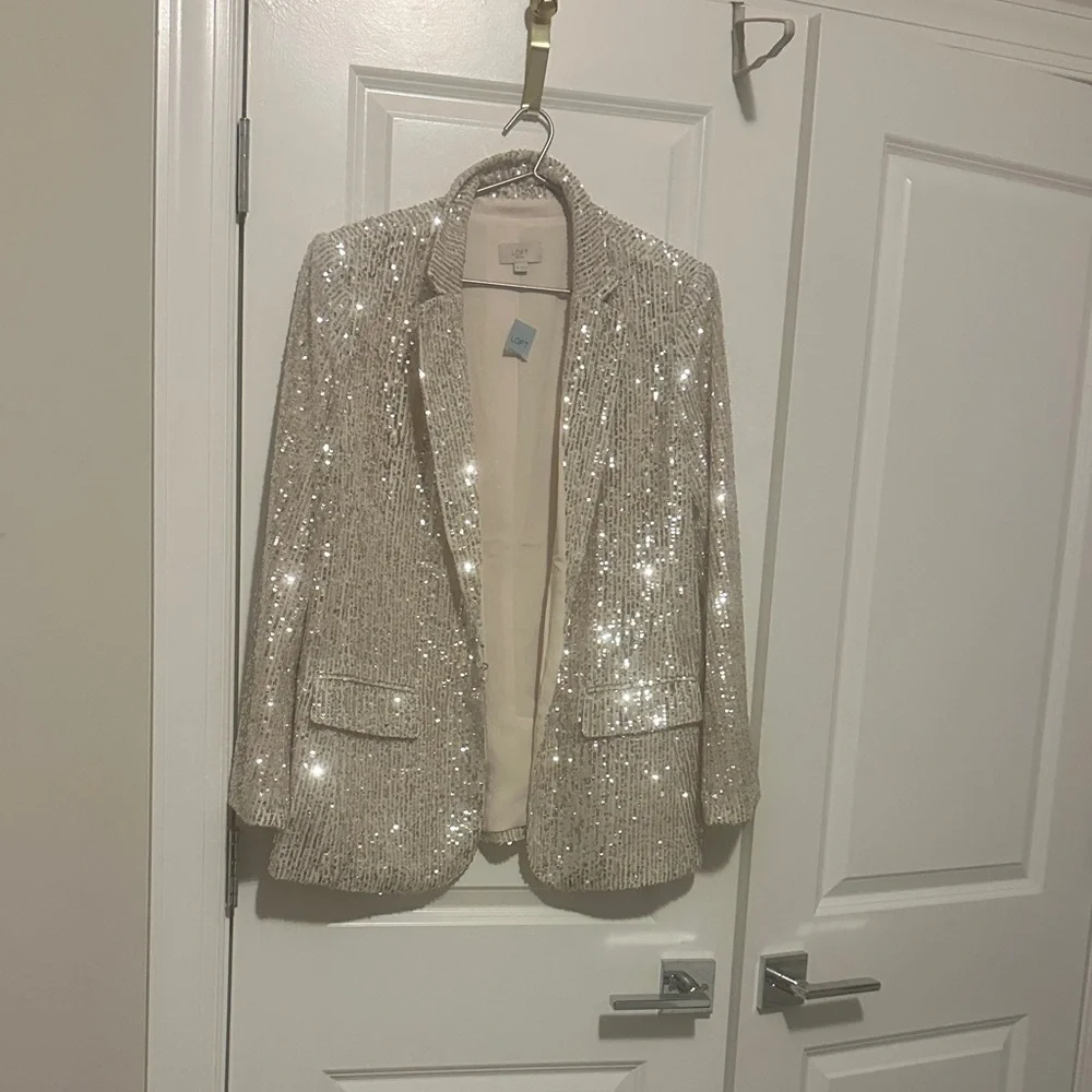 LOFT Sparkling Sequin Blazer in Cream - Picture 2 of 6